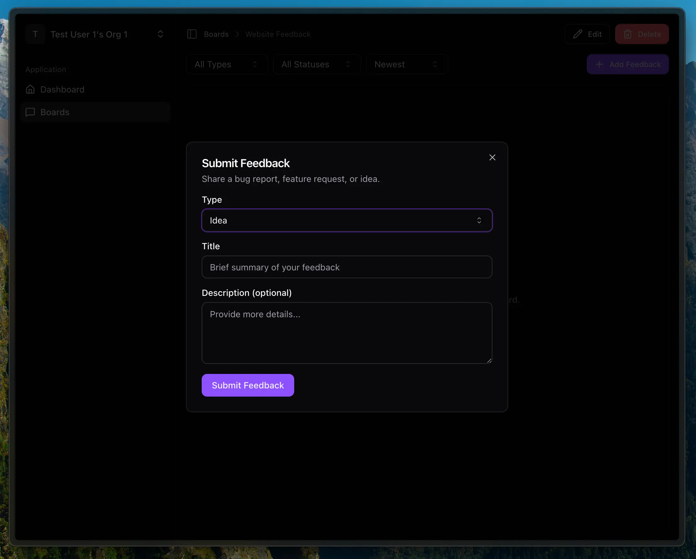 TeamPulse Create Feedback Dialog