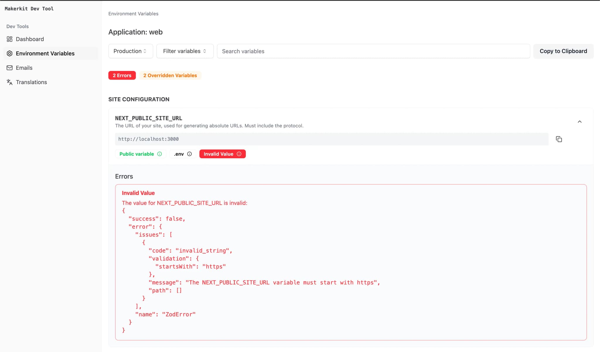 Environment variables dev tool