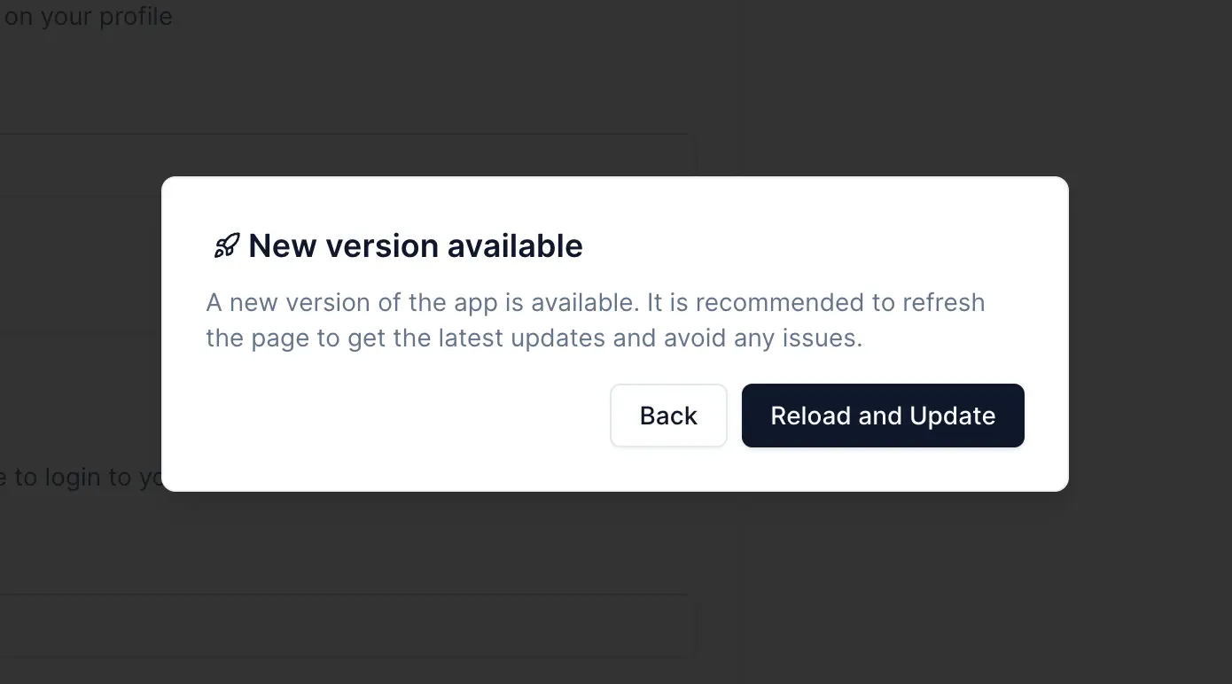 Screenshot of the version update dialog prompting users to reload