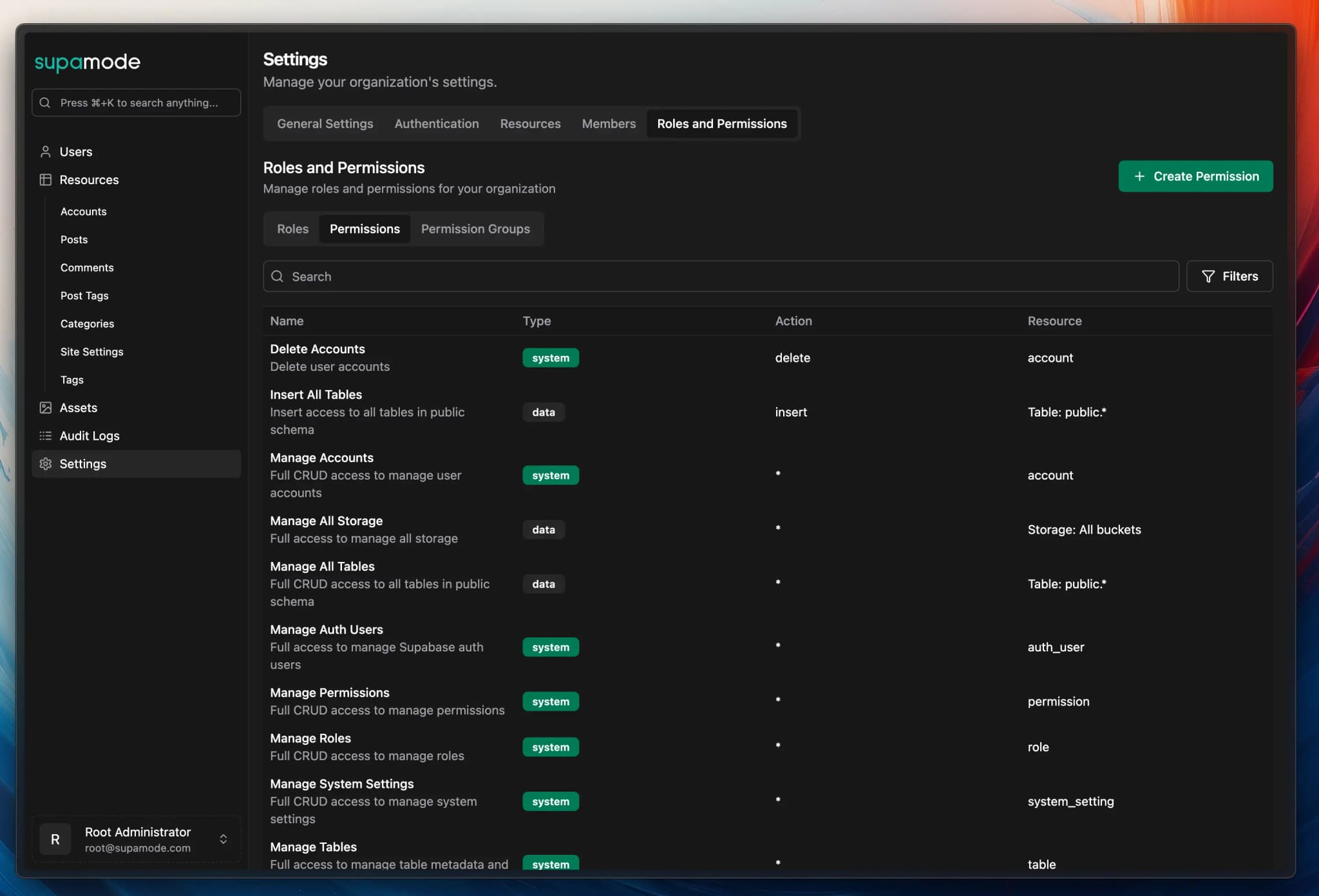 Supamode role editor with table and action permissions