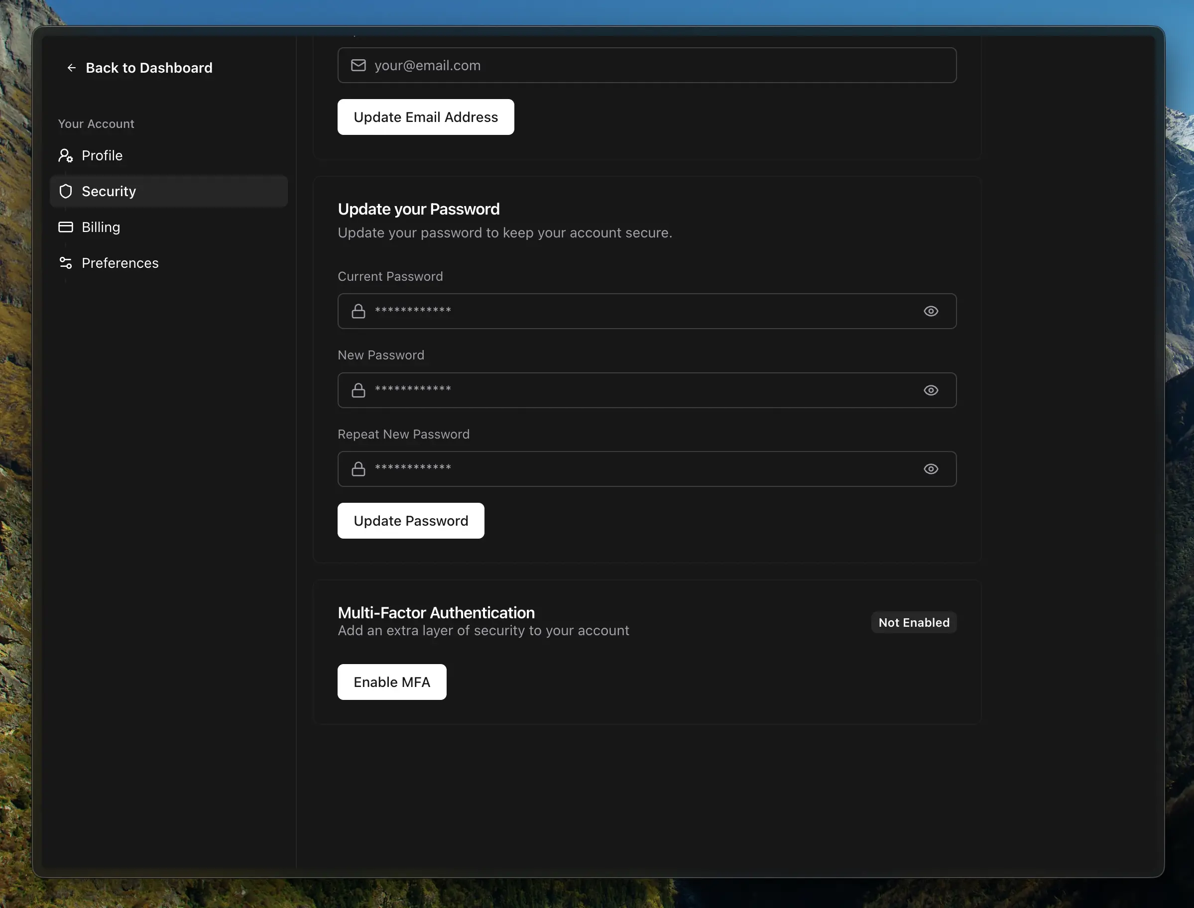Security settings page showing Enable MFA button