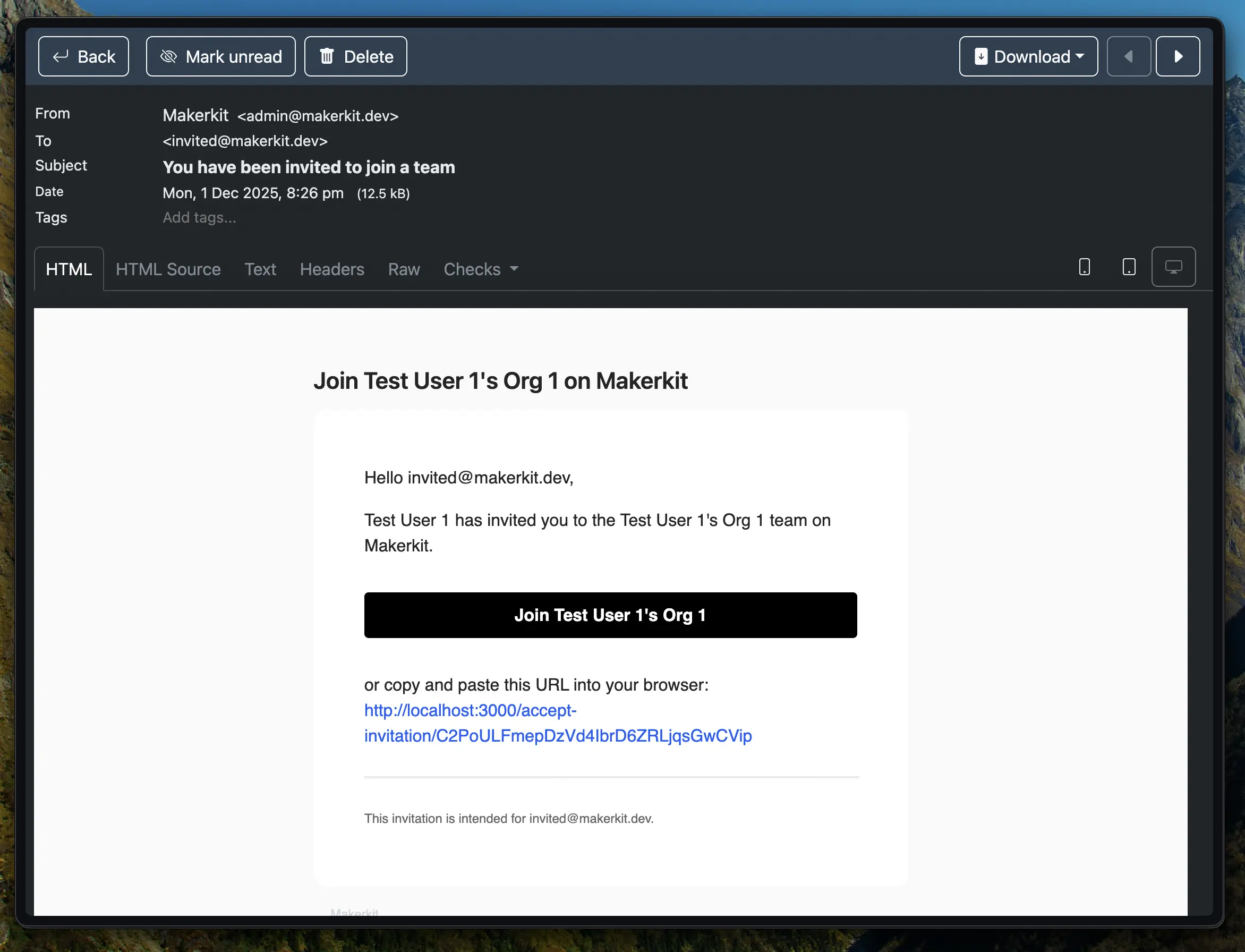 Invitation email preview