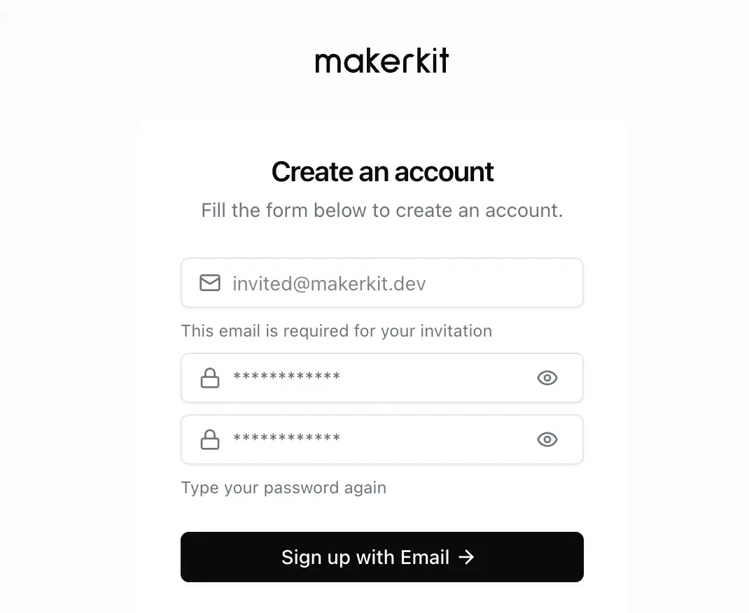 Invited user signup form