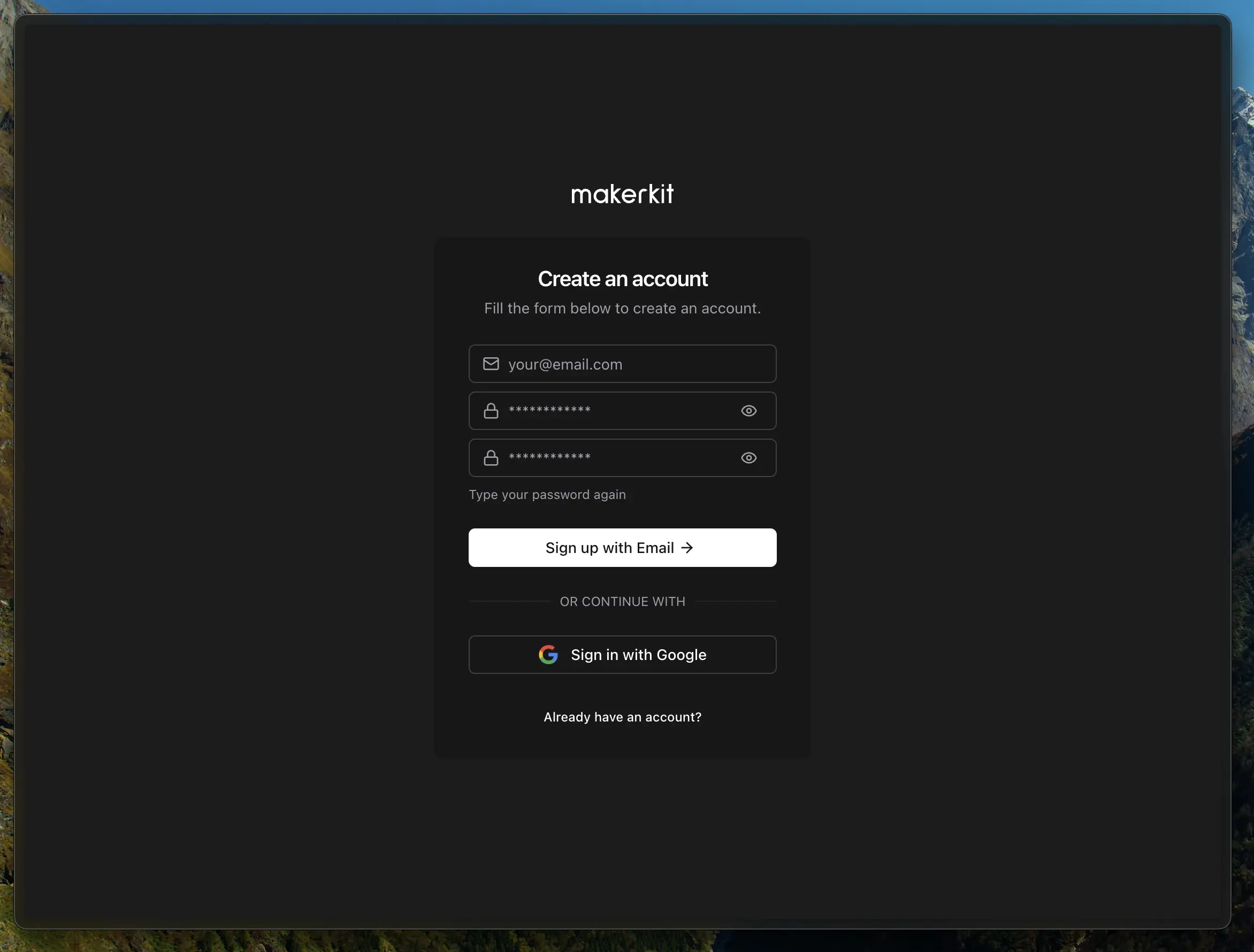 User registration form showing name, email, and password fields with a create account button
