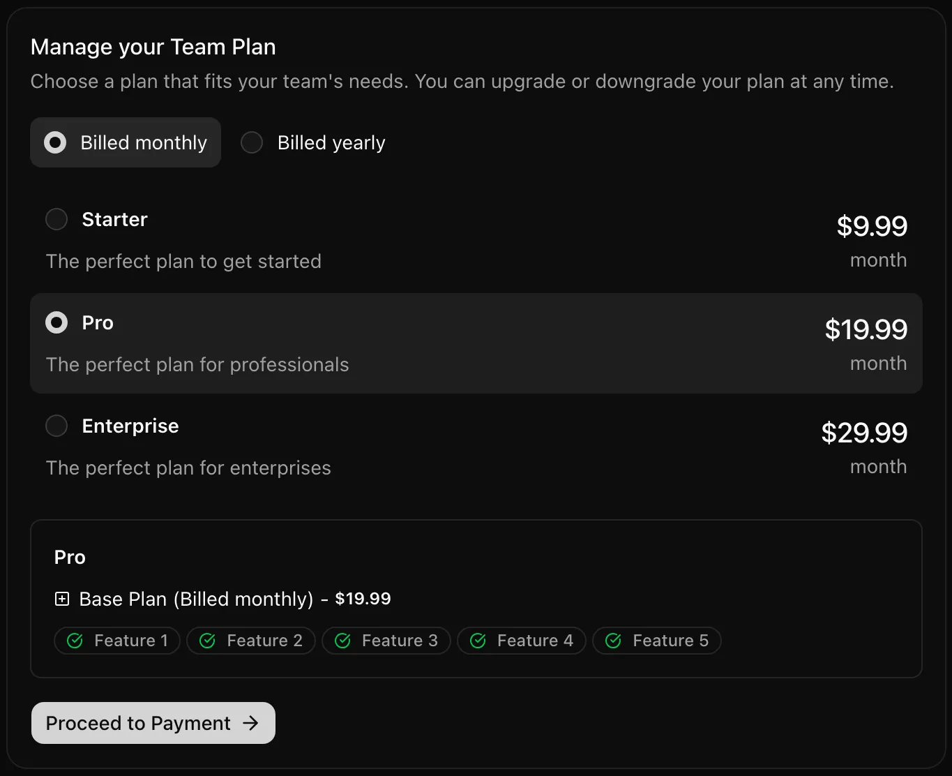 MakerKit team billing page in dark mode, with monthly and yearly plans and the Pro plan selected