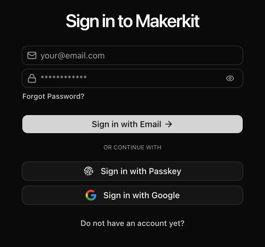 MakerKit sign-in page in dark mode, with email and password, Sign in with Passkey and Sign in with Google