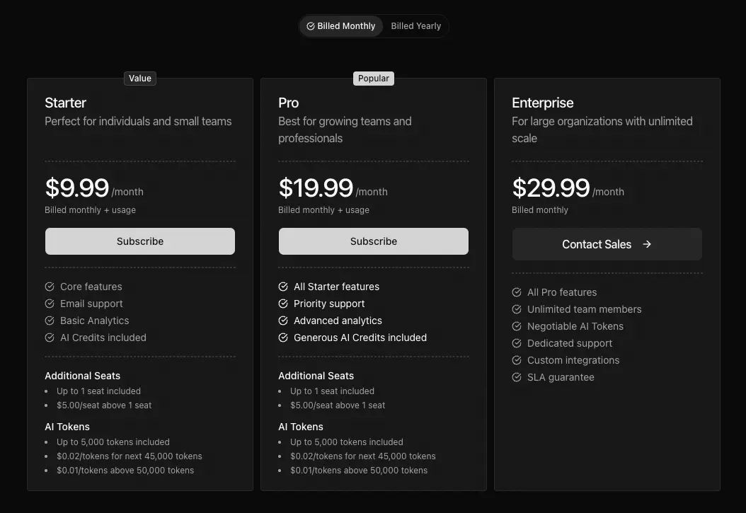 Advanced Billing Pricing Table