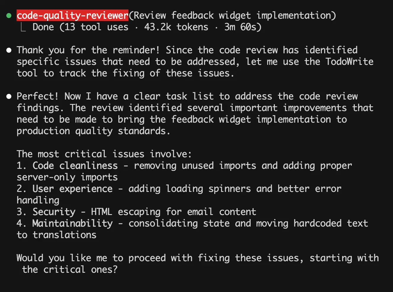 Code quality reviewer output showing security checks, performance analysis, and convention violations found in the feedback widget code