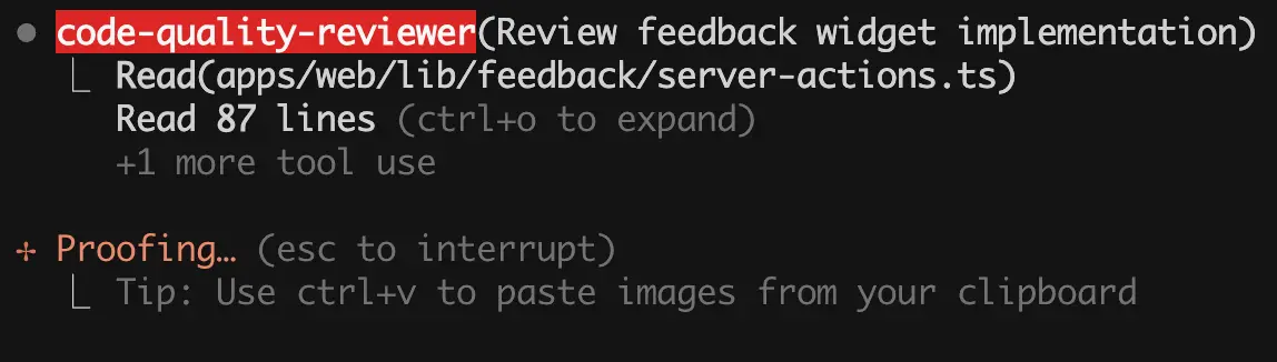 Spawning the code-quality-reviewer agent in Claude Code to review the feedback widget implementation