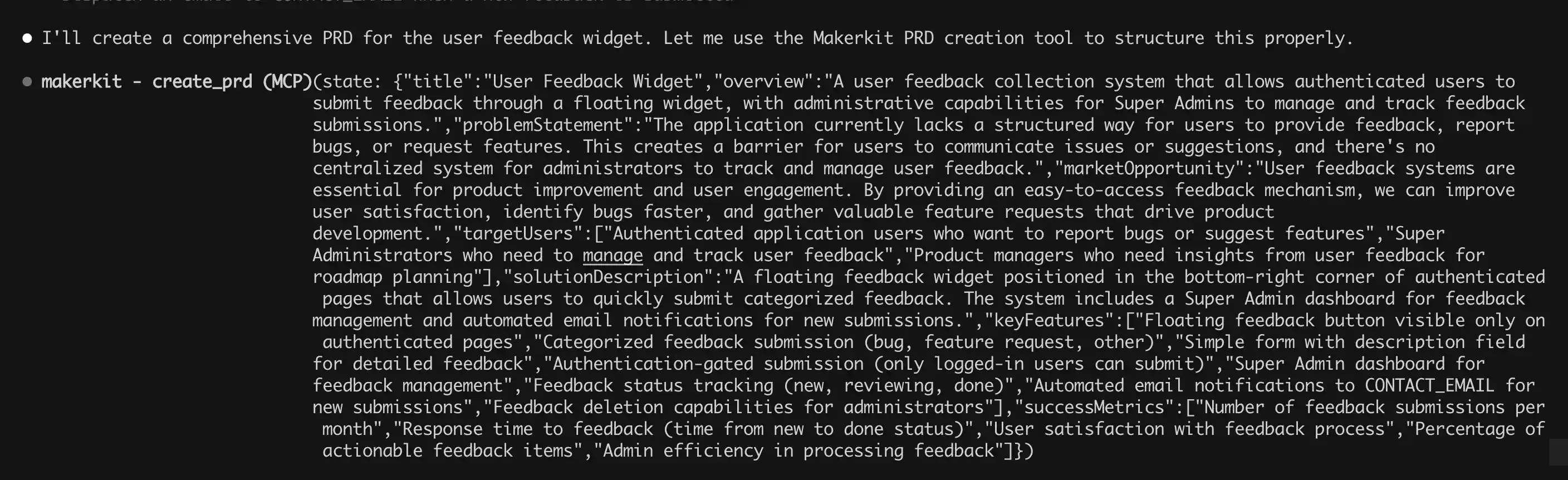 Claude Code output showing a structured PRD with four prioritized user stories for the feedback widget feature