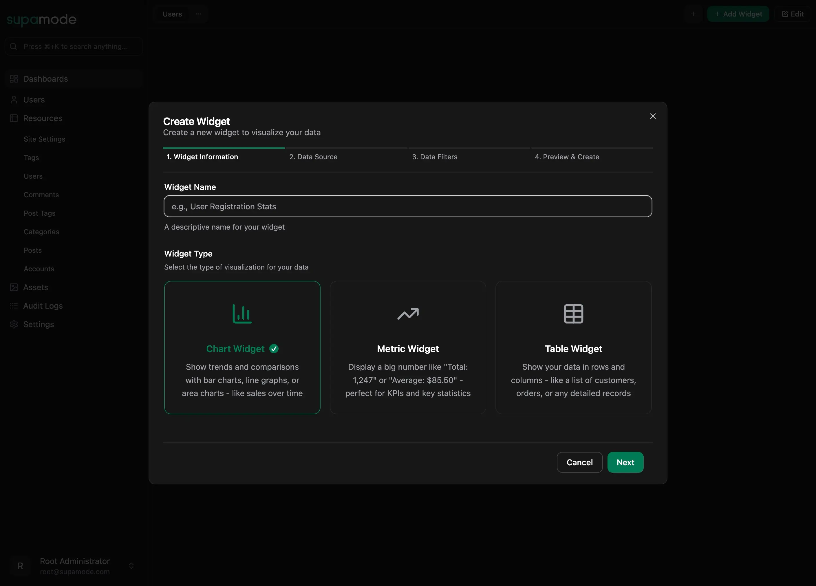 Create Widget Type Selection