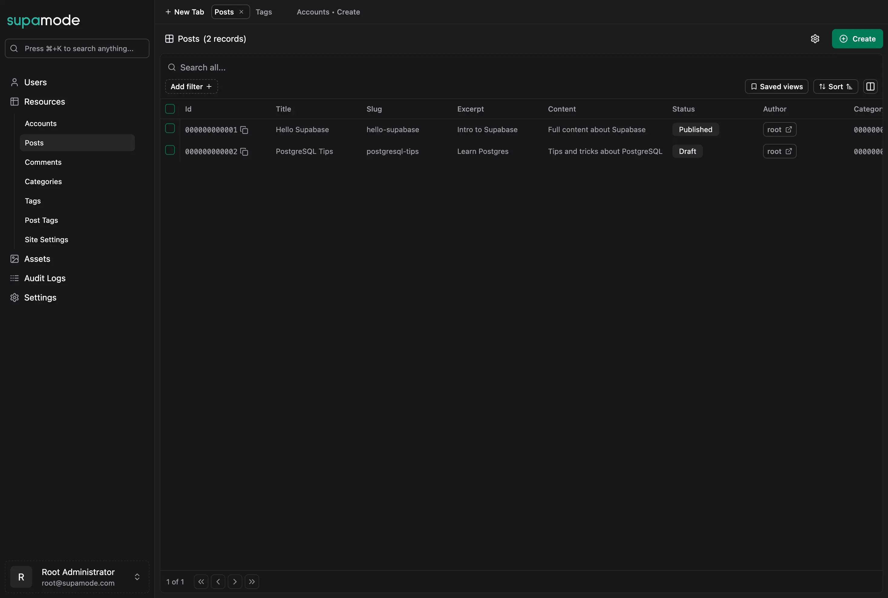 Supamode Data Explorer showing table navigation with filters