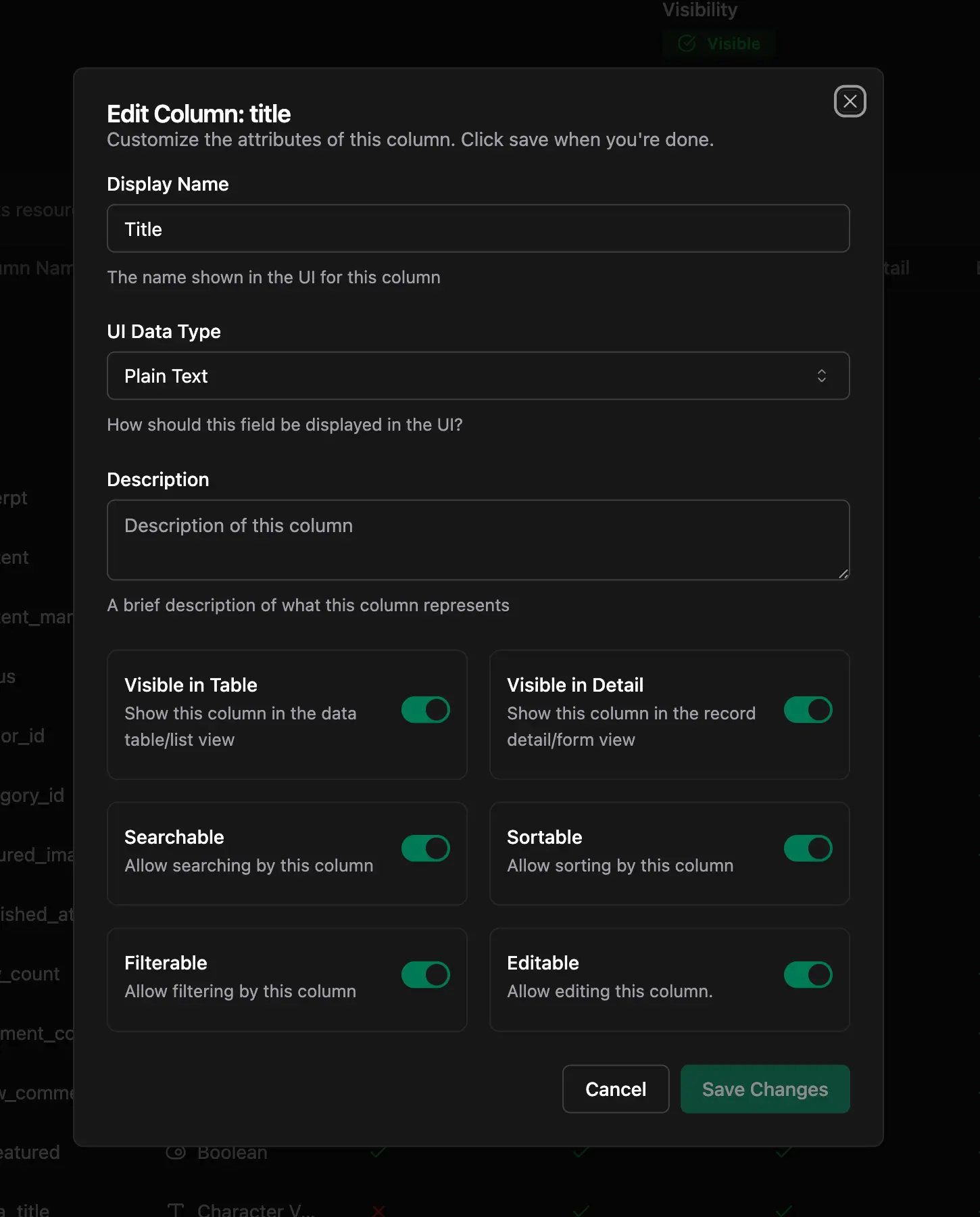 Column Modal Configuring Column Display and Behavior