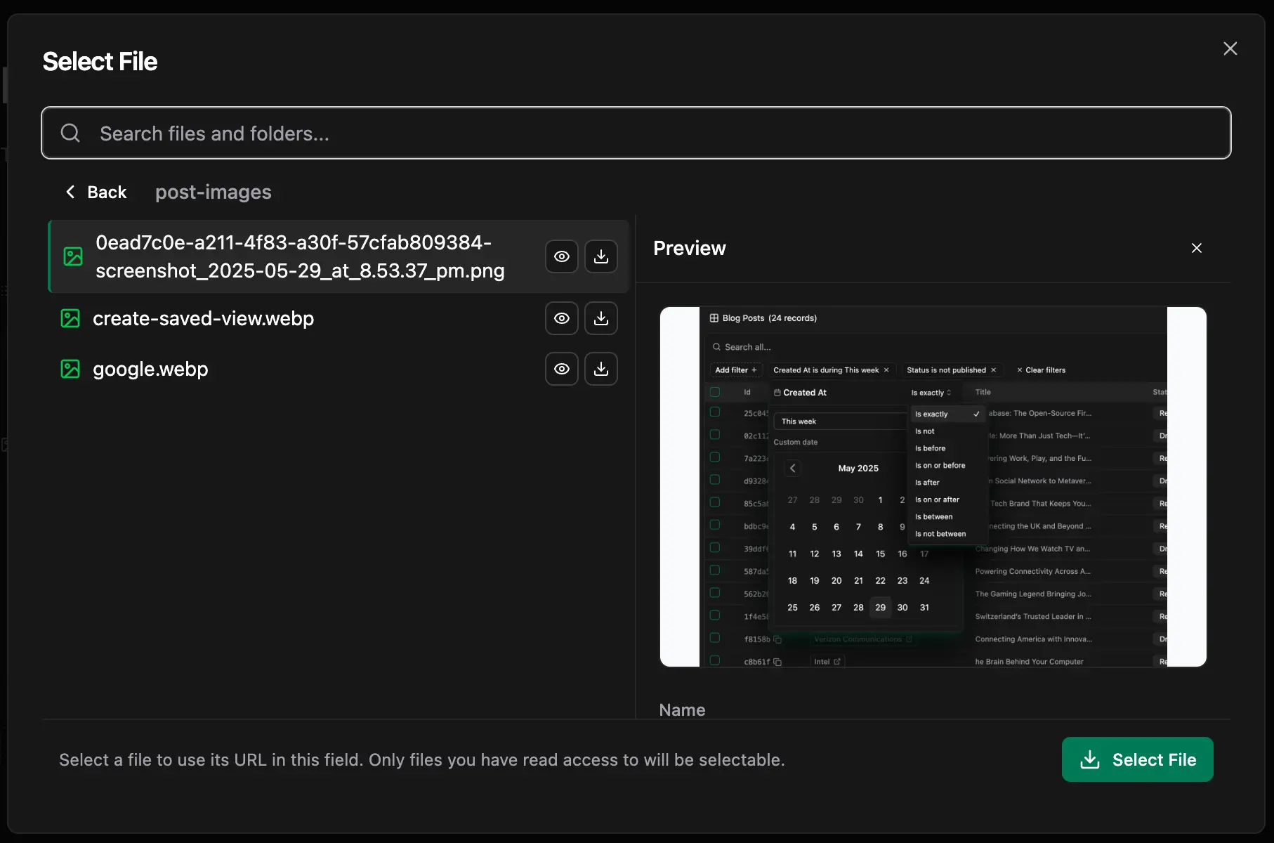 File picker showing file selection within a bucket