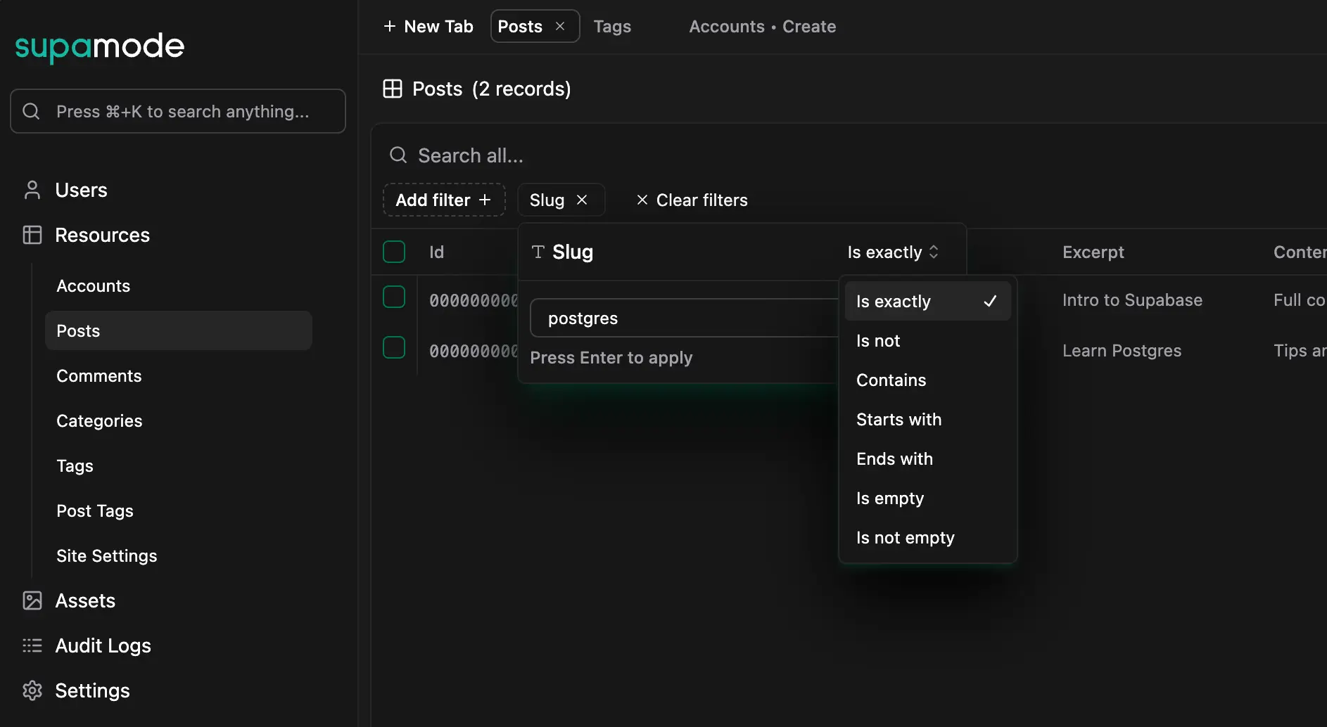 Text Filters with Operator