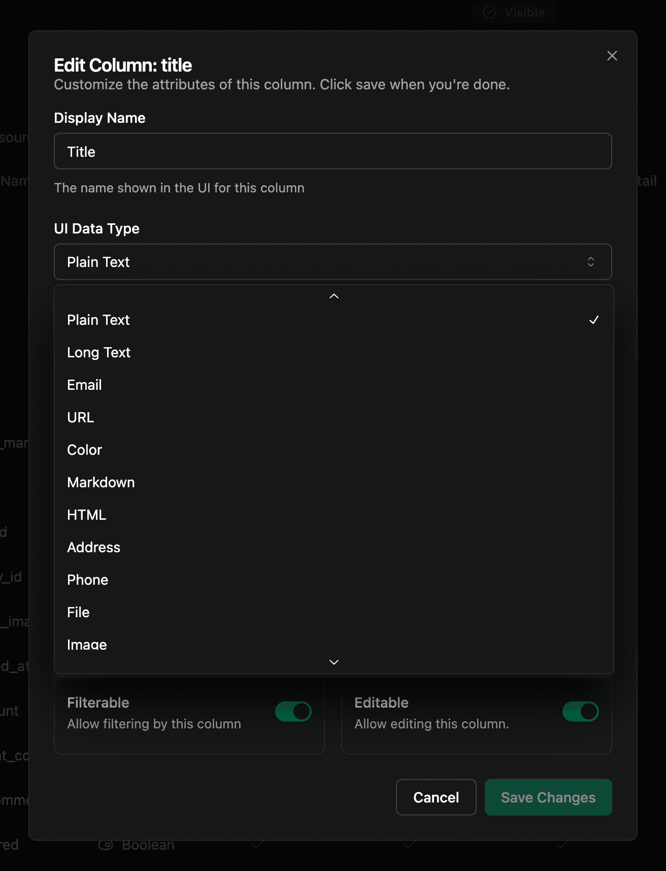 UI Data Type dropdown